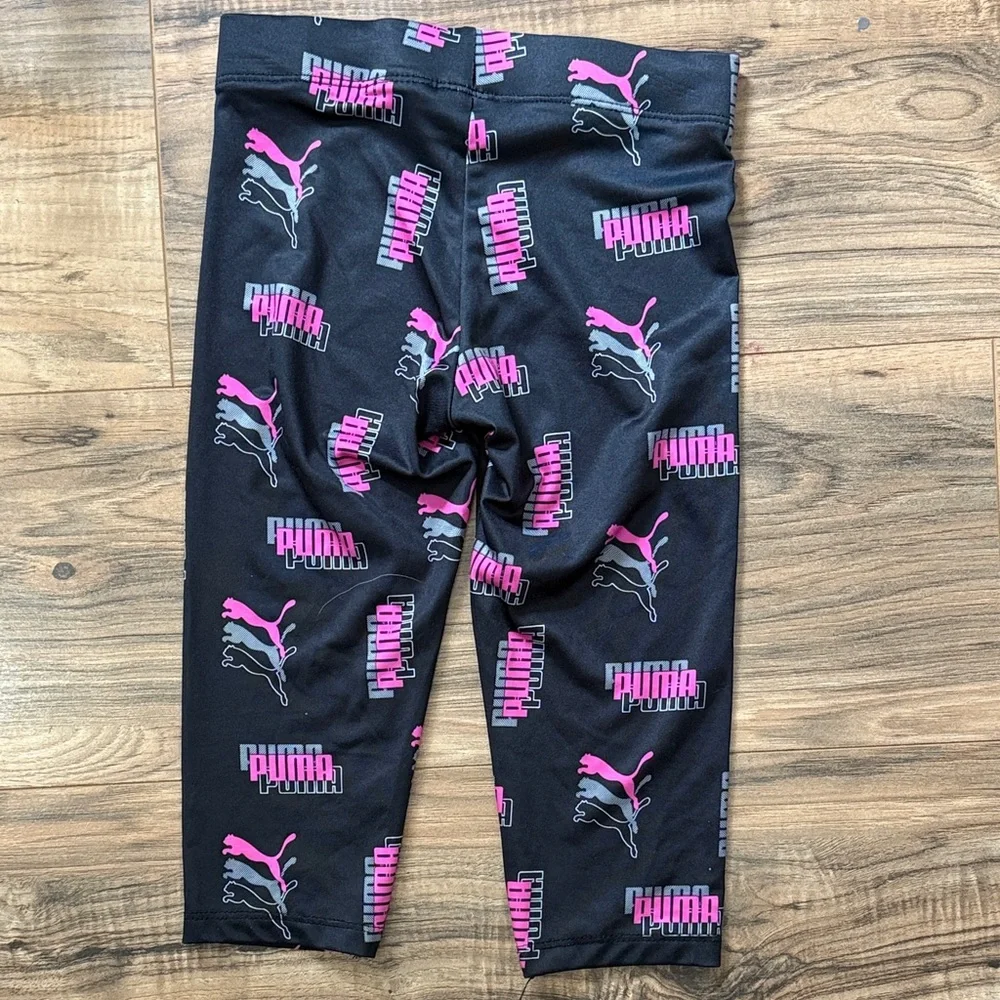 Girls Puma All Over Print Cropped Leggings Black & Pink Girls Size 6